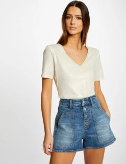 T-shirt Manches Courtes Col En V Ecru Femme