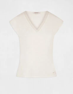 T-shirt Manches Courtes Col En V Ecru Femme -Tenue Legere Boutique t shirt manches courtes col en v ecru femme vue3 32536300941790201