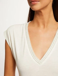 T-shirt Manches Courtes Col En V Ecru Femme -Tenue Legere Boutique t shirt manches courtes col en v ecru femme vue4 32536300941790201
