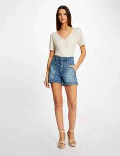 T-shirt Manches Courtes Col En V Ecru Femme -Tenue Legere Boutique t shirt manches courtes col en v ecru femme vue5 32536300939110201