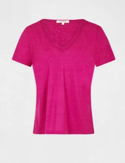 T-shirt Manches Courtes Col En V Framboise Femme -Tenue Legere Boutique t shirt manches courtes col en v framboise femme vue3 32536300941950502