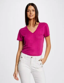 T-shirt Manches Courtes Col En V Framboise Femme -Tenue Legere Boutique t shirt manches courtes col en v framboise femme vue6 32536300941950502
