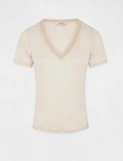 T-shirt Manches Courtes Col En V Ivoire Femme -Tenue Legere Boutique t shirt manches courtes col en v ivoire femme vue3 32536300928660203