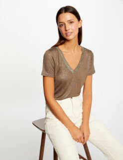 T-shirt Manches Courtes Fils Métallisés Vert Moyen Femme -Tenue Legere Boutique t shirt manches courtes fils metallises vert moyen femme vue5 32536300949210608