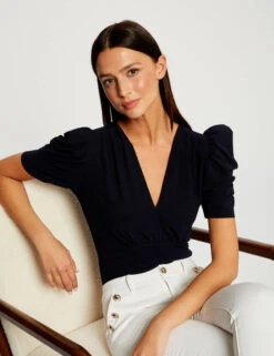 T-shirt Manches Courtes Froncé Marine Femme