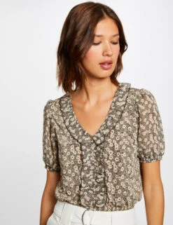 T-shirt Manches Courtes Imprimé Végétal Noir Femme