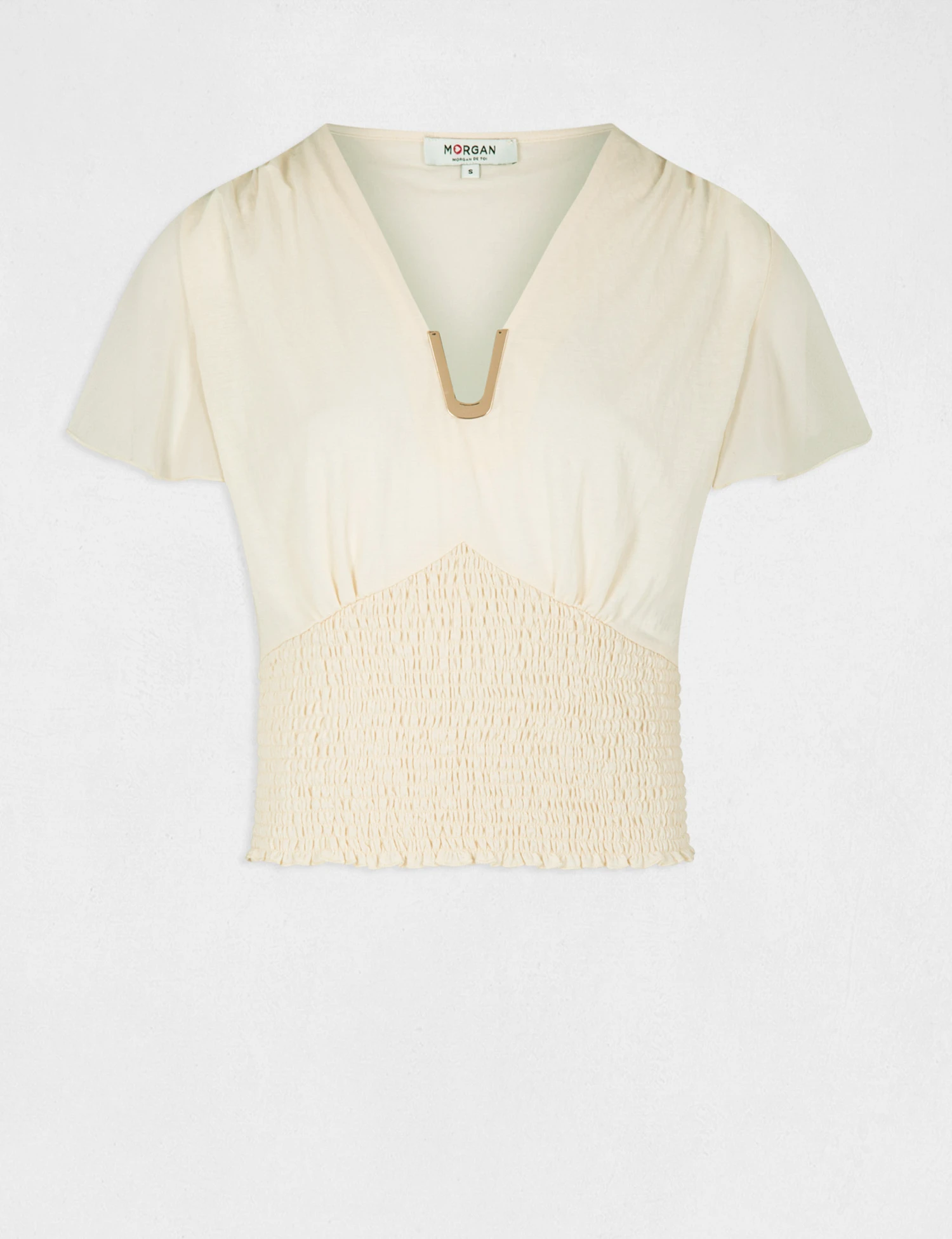 T-shirt Manches Courtes Smocké Ecru Moyen Femme 6 T-shirt Manches Courtes Smocké Ecru Moyen Femme – Image 4