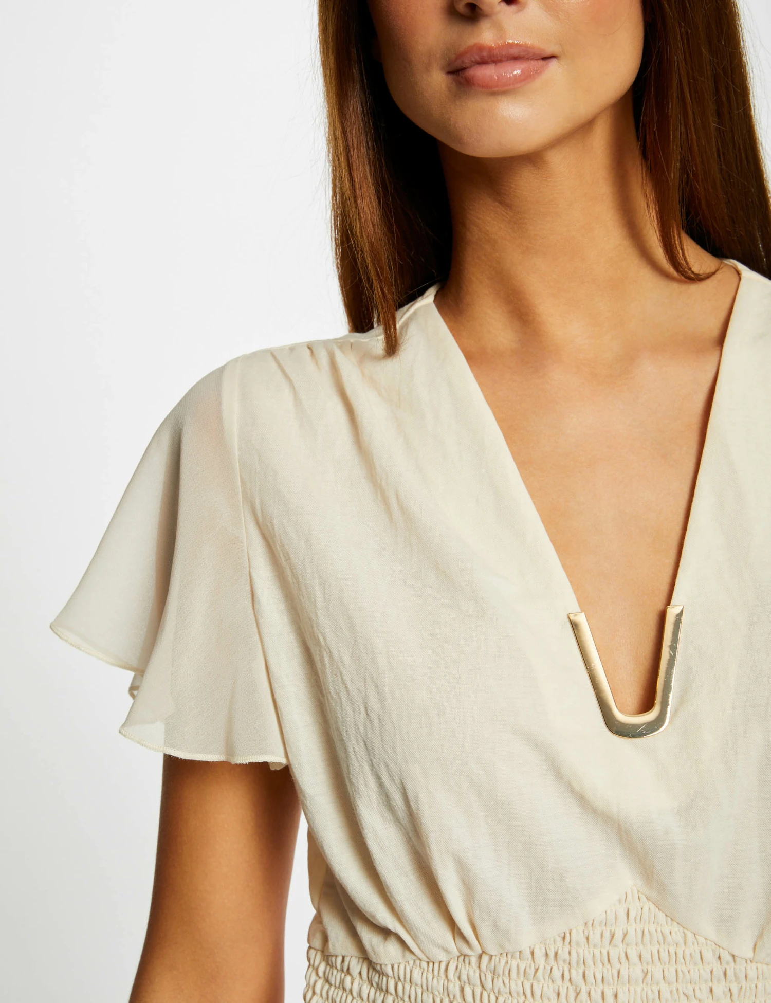 T-shirt Manches Courtes Smocké Ecru Moyen Femme 7 T-shirt Manches Courtes Smocké Ecru Moyen Femme – Image 5