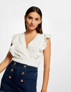 T-shirt Volants Et Broderie Anglaise Ecru Femme